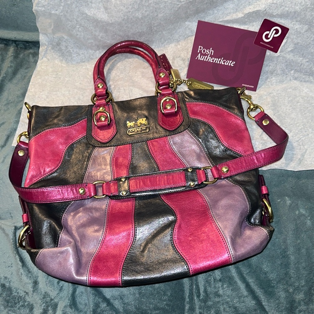 Coach pink gold grey and purple dual handled handbag with removable long strap